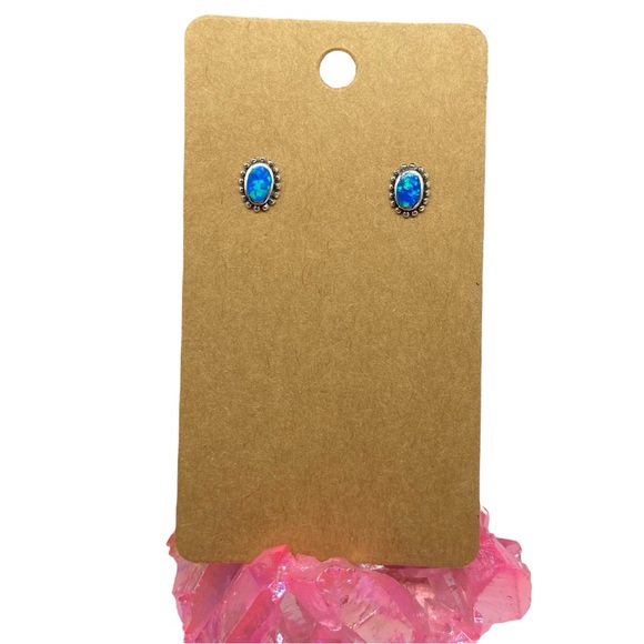 Blue Fire Opal Stud Earrings Solid Sterling Silver 925 Dainty Stone Boho Jewelry - Picture 3 of 7